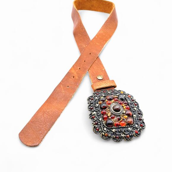 Vintage Handcrafted Beaded Leather Belt Western Boho Rustic Prairie Brass Buckle - Picture 1 of 9